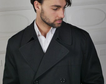 Trench-coat noir, pardessus Long Duster ceinturé vintage européen des années 90