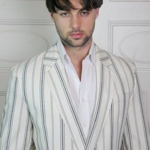 80er Zweireihiger creme grau gestreifter Leinen Blazer, Vintage Jacke