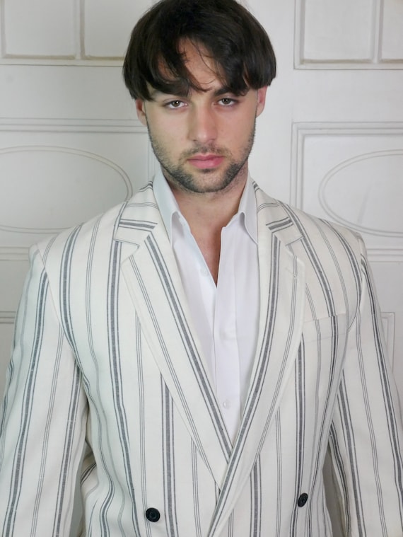 80s Double-breasted Cream and Gray Striped Linen Blend Blazer
