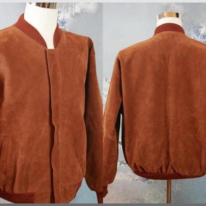 Faux Suede Bomber Jacket, 1990s Italian Vintage Zip Up Soft Rust Brown Vegan Leather Jacket: Size XXL (48 to 50 US/UK)