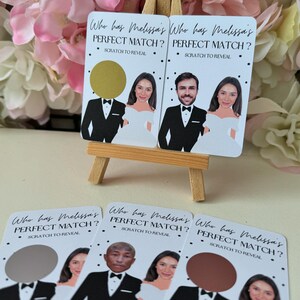 May include: Four white cards with black text and images. Each card has the text "Who has Melissa's Perfect Match?" with the words "Scratch to Reveal" underneath. Each card has a circle with a gold, brown, or grey scratch-off area. Each card has a cartoon image of a person in a tuxedo and a person in a white dress.