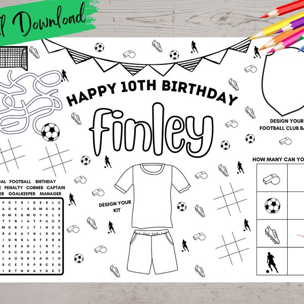 Feuille d’activité d’anniversaire de football pour enfants personnalisé - Feuille à colorier personnalisée / imprimable Téléchargement numérique Placemat Fête d’anniversaire