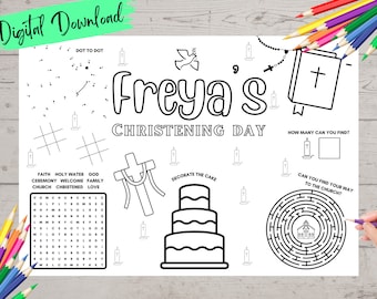 Personalised Activity and Colouring Sheet For Christening day, Placemat Baptism Christening- printable digital PDF