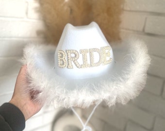 Bride Cowboy Hat, Bride Gift, Bride Pearl Hat, Bride Hat, Hen Party Hat Hen Party Gift, Hen Do Accessory