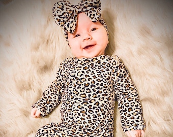 Baby gown, ruffle gown, knotted gown, going home outfit, baby shower gift, newborn gown, baby girl leopard outfit, leopard baby, baby shower