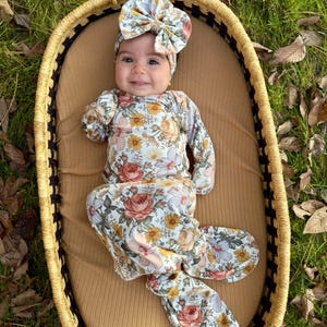 Baby gown, ruffle gown, floral gown, going home outfit, baby shower gift, baby outfit, gown and headband set, retro floral