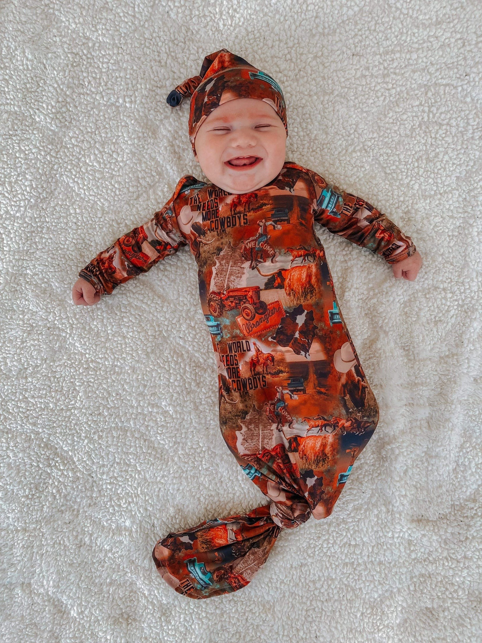 Baby Gown Knotted Gown Tie Gown With Hat Western Gown Baby Etsy