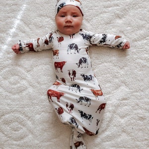 baby gown, knotted gown, tie gown with hat, gown, baby going home outfit girl boy, baby gown coming home outfit, baby gown set, cow gown