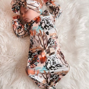 baby gown, knotted gown, tie gown with bow, western gown, baby going home outfit girl, baby gown coming home outfit, baby gown set,western