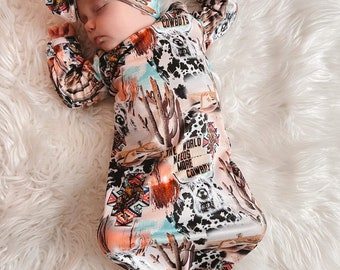 baby gown, knotted gown, tie gown with bow, western gown, baby going home outfit girl, baby gown coming home outfit, baby gown set,western