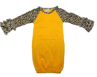 Baby gown, ruffle gown, leopard gown, going home outfit, baby shower gift, newborn gown, leopard baby gown, baby girl leopard gown