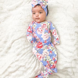 Floral Baby gown, knotted gown, going home outfit, baby shower gift, newborn gown, baby gown, baby tie gown, baby gown coming home outfit