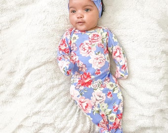 Floral Baby gown, knotted gown, going home outfit, baby shower gift, newborn gown, baby gown, baby tie gown, baby gown coming home outfit