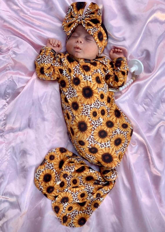Leopard Gown, Baby Gown, Baby Sunflower Gown, Going Home Outfit