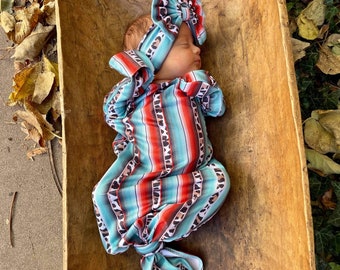baby gown, knotted gown, tie gown with bow, serape leopard gown, baby going home outfit girl, baby gown coming home outfit, baby gown set