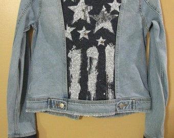 Upcycled Denim Jean Jacket Womens Size XS Embellished Navy Stars Rhinestones One of a Kind!