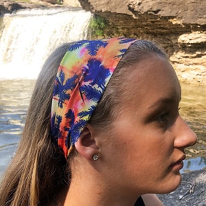 PALM TREES SPANDEX *buy2get1free* Wide Yoga Headband Handmade Stretchy Sports Running Boho Hair Bands Floral Hawaii Palm Trees Tropical