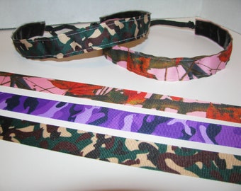 CAMOUFLAGE Headband Non Slip Adjustable Velvet Back Head band Athletic Sports - Free Shipping - Pink Camo Purple Green Brown Tan Hunting