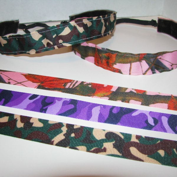 CAMOUFLAGE Headband Non Slip Adjustable Velvet Back Head band Athletic Sports - Free Shipping - Pink Camo Purple Green Brown Tan Hunting