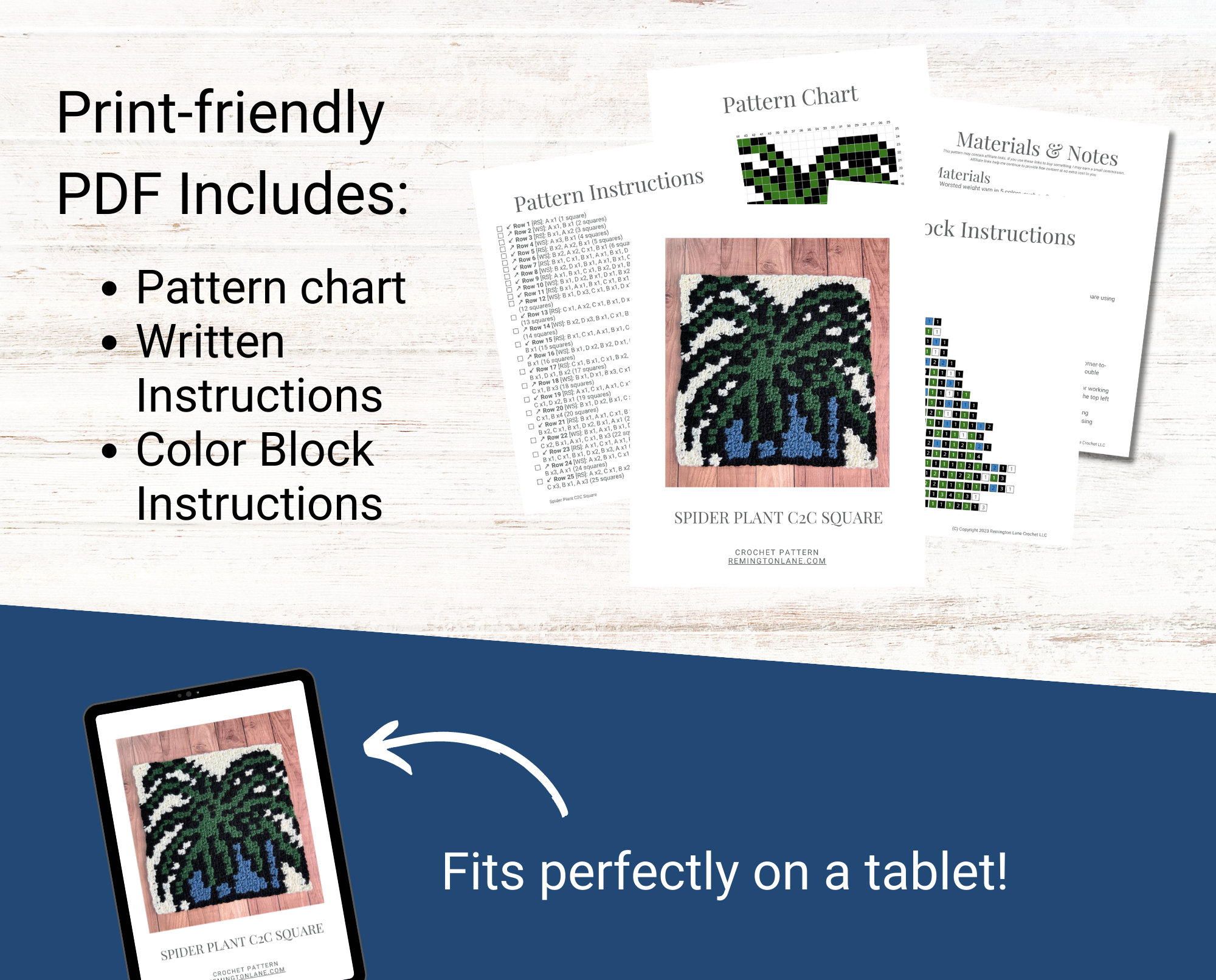 May include: A digital download of a crochet pattern for a spider plant square. The pattern includes a color chart, written instructions, and color block instructions. The image shows a digital tablet displaying the finished crochet square, along with the pattern pages.