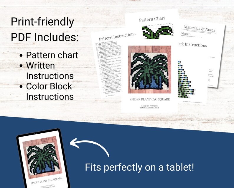 May include: A digital download of a crochet pattern for a spider plant square. The pattern includes a color chart, written instructions, and color block instructions. The image shows a digital tablet displaying the finished crochet square, along with the pattern pages.