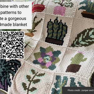 May include: A crocheted blanket with a square pattern featuring different types of plants in pots. The blanket is beige with green, brown, and pink accents. The text "Combine with other C2C patterns to create a gorgeous handmade blanket" is visible in the upper left corner. The text "Photo credit: Juniper and Oakes" is visible in the lower right corner.
