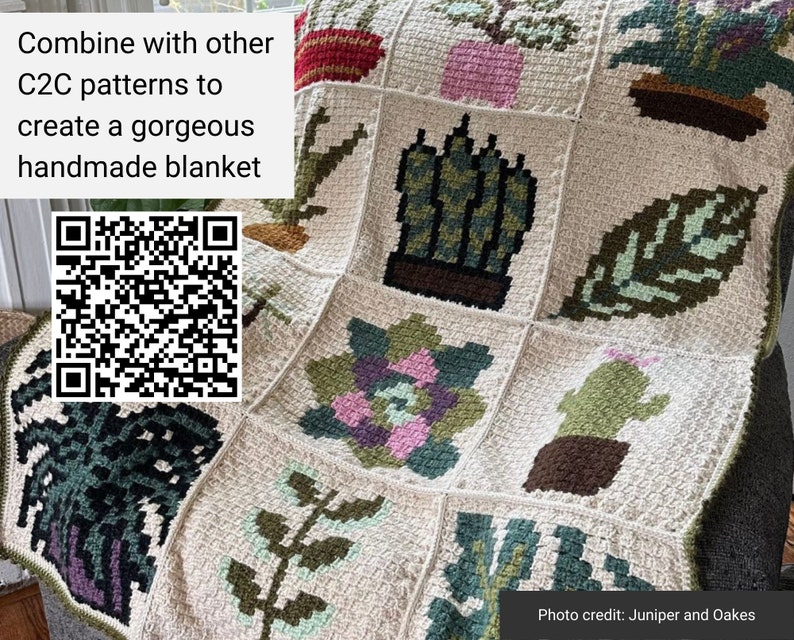 May include: A crocheted blanket with a square pattern featuring different types of plants in pots. The blanket is beige with green, brown, and pink accents. The text "Combine with other C2C patterns to create a gorgeous handmade blanket" is visible in the upper left corner. The text "Photo credit: Juniper and Oakes" is visible in the lower right corner.