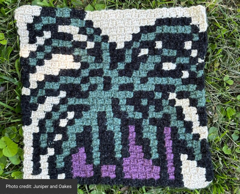 May include: A crocheted square rug with a pixelated butterfly design in black, white, green, and purple.
