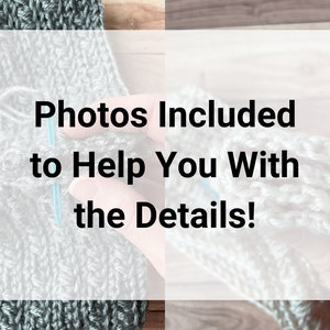 Op de afbeelding: Close-up van een haakproject met een hand die een haaknaald vasthoudt. De tekst "Photos Included to Help You With the Details!" is over de afbeelding gelegd.