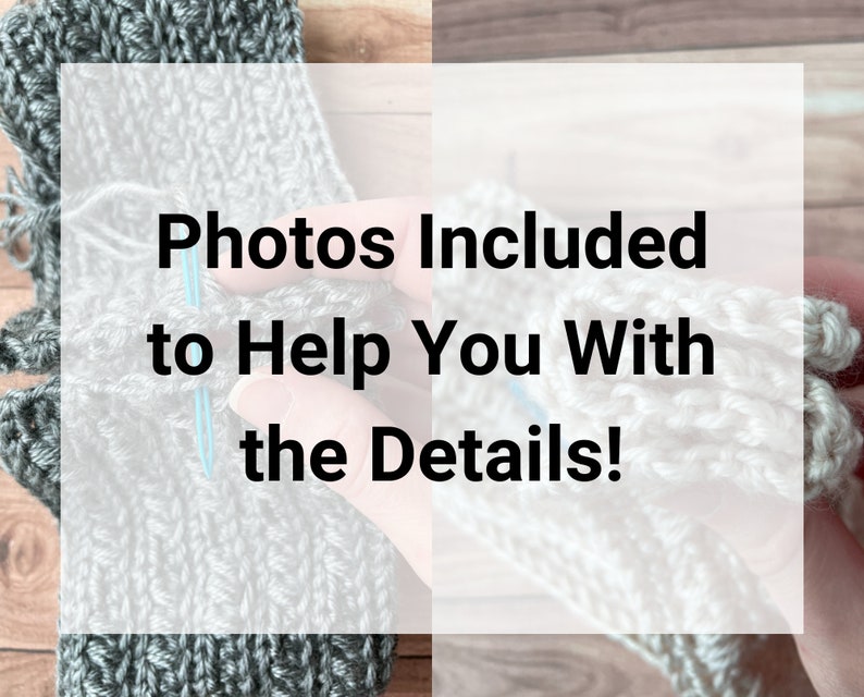 Op de afbeelding: Close-up van een haakproject met een hand die een haaknaald vasthoudt. De tekst "Photos Included to Help You With the Details!" is over de afbeelding gelegd.
