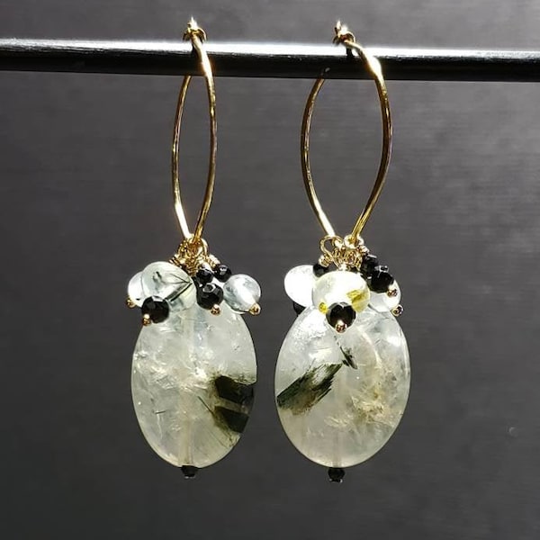 Prehnite Lotus Hoop Earring in 24kt over Sterling Prehnite Beads Black Spinel Bead GF Beads Green Black Hoops Earring Medium Hoop Earring