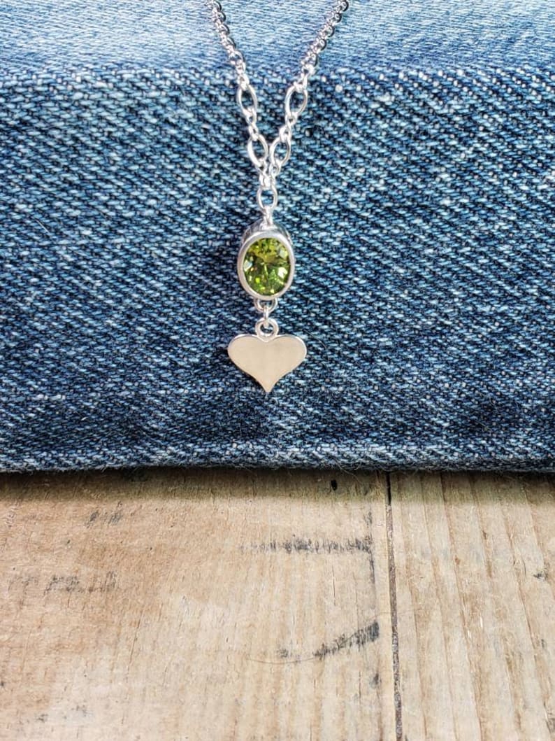 Peridot Sterling Necklace Personalized Initial Charm Heart~Circle Charm Necklace Custom Initial Necklace August Birthstone Green Gemstone
