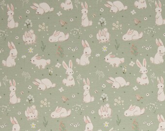 Nora, Jersey cotton Rabbits, flowers, mint, STANDARD 100 by OEKO-TEX®