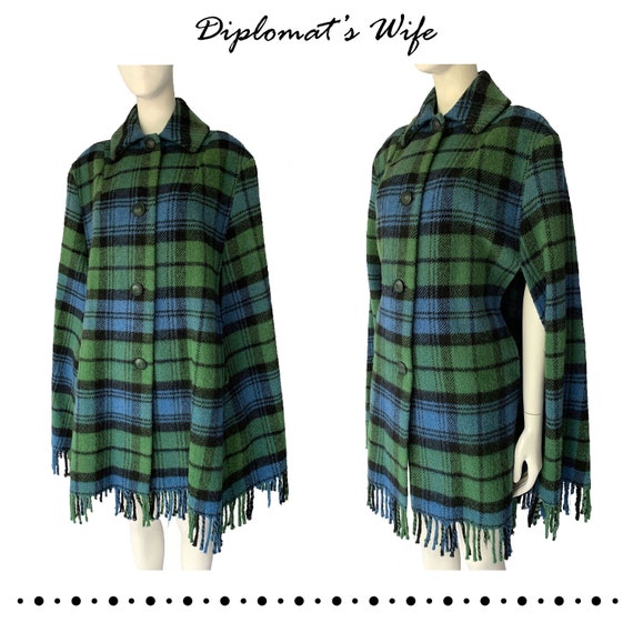 60s Plaid Wool Cape with Fringe