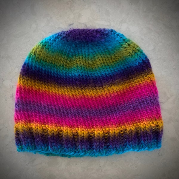 Hand Knit Beanie, Multicolor pattern varies, winter hat