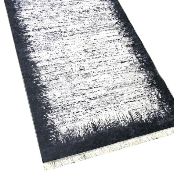 Washable rugs black grey messages with fringe anti-slip inhibiting dust-free designer's living room carpet rectangular 160 x 230 cm Shabby