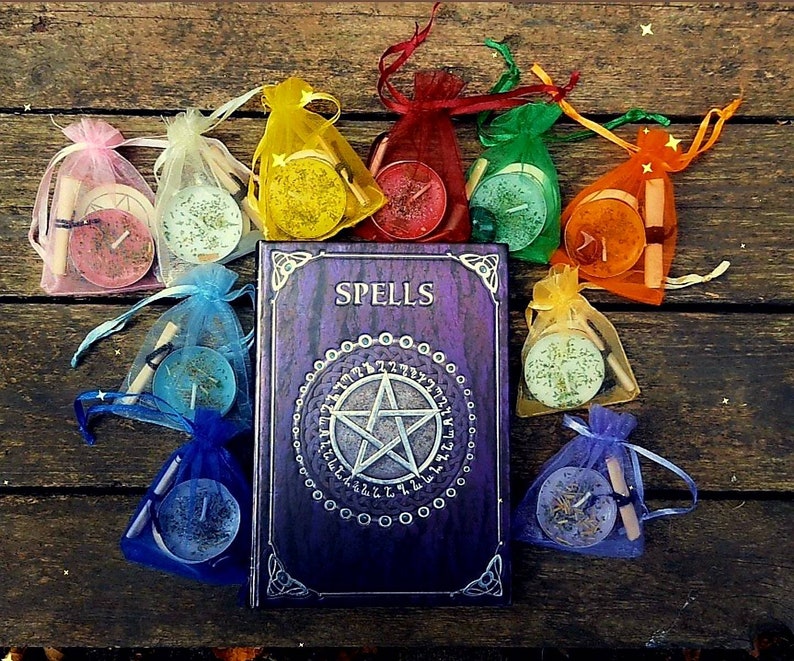 Easy spell kits with herbal candle, crystal, pentagram fast effects love money luck healing beauty, custom pagan wiccan witch gift set image 1