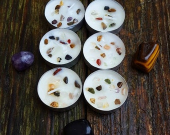 Pack of 6 crystal wishing spell tea light votive candles handmade rose geranium fragrance gemstones minerals Wiccan witch pagan gift set