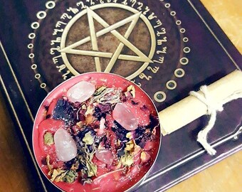 Powerful love ritual spell large tealight with scroll herbal rose quartz candle love attraction spell romance blue mallow flower violet +