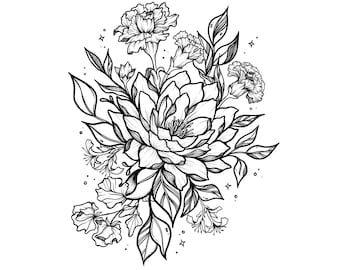 May include: A black and white line drawing of a bouquet of flowers. The bouquet includes a large, detailed flower with multiple petals and smaller flowers with five petals. The flowers are surrounded by leaves and stems.