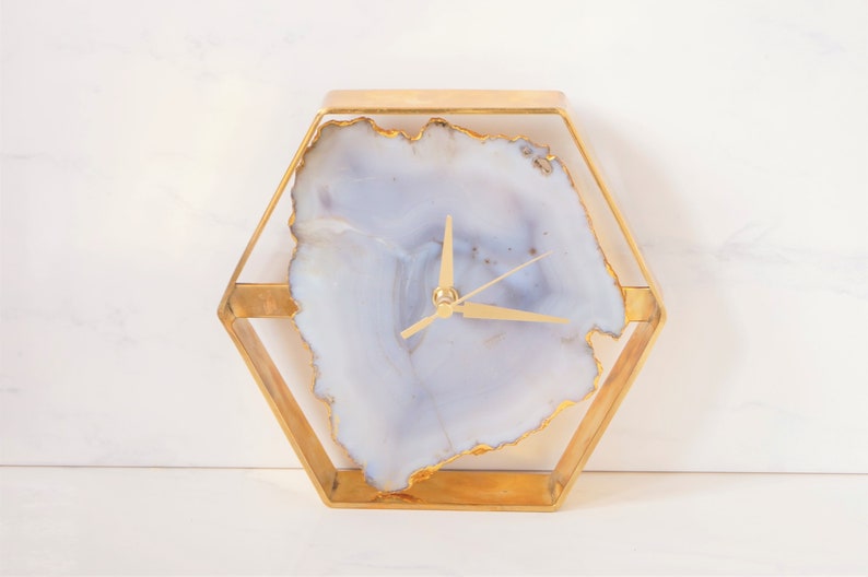 Grey Agate Clock Desk Modern Geode Boho Decor Girlfriend Gift Birthday