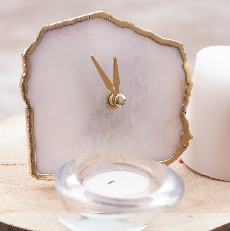 White Rock Quartz Clock Desk Modern Geode Boho Decor Purple Agate