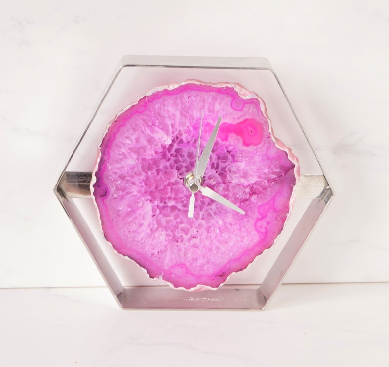 Pink Agate Clock Hot Pink Desk Clock Modern Desk Clock Etsy