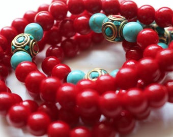 Red Coral Mala 108 Beads Necklace Hand Knotted Rosary Yoga Meditation Beads Japa Mala with Guru Bead