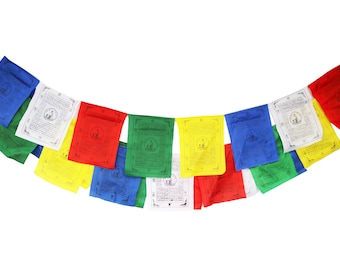 Cotton Prayer Flags (12x10)–Premium Quality Large Roll of 25 Flags–Handmade in Nepal–Medicine Buddha Ashtamangala Design Tibetan Prayer Flag