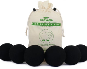 Bolas secadoras de lana-Orgánico 6 XL Suavizante de tela natural reutilizable premium negro, 100% lana merino de Nueva Zelanda, hecho a mano en Nepal, regalo de Navidad