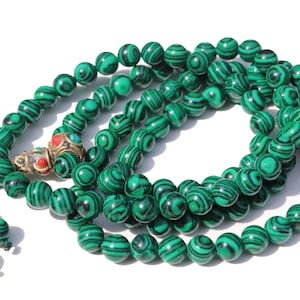 Malachite Mala 108 Beads Necklace Hand Knotted Rosary Yoga Meditation Beads Japa Mala with Guru Bead