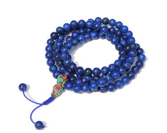 Collar de 108 cuentas de lapislázuli, mala, rosario anudado a mano, cuentas de meditación de yoga, japa mala con cuenta de gurú