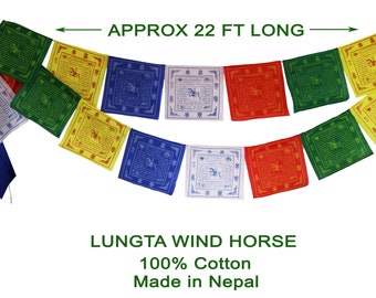 Banderas de oración de algodón (10 x 10) – 100 % algodón de primera calidad. Rollo grande de 25 banderas con los 5 colores de los elementos. Hechas a mano en Nepal. Caballo de viento Lungta.