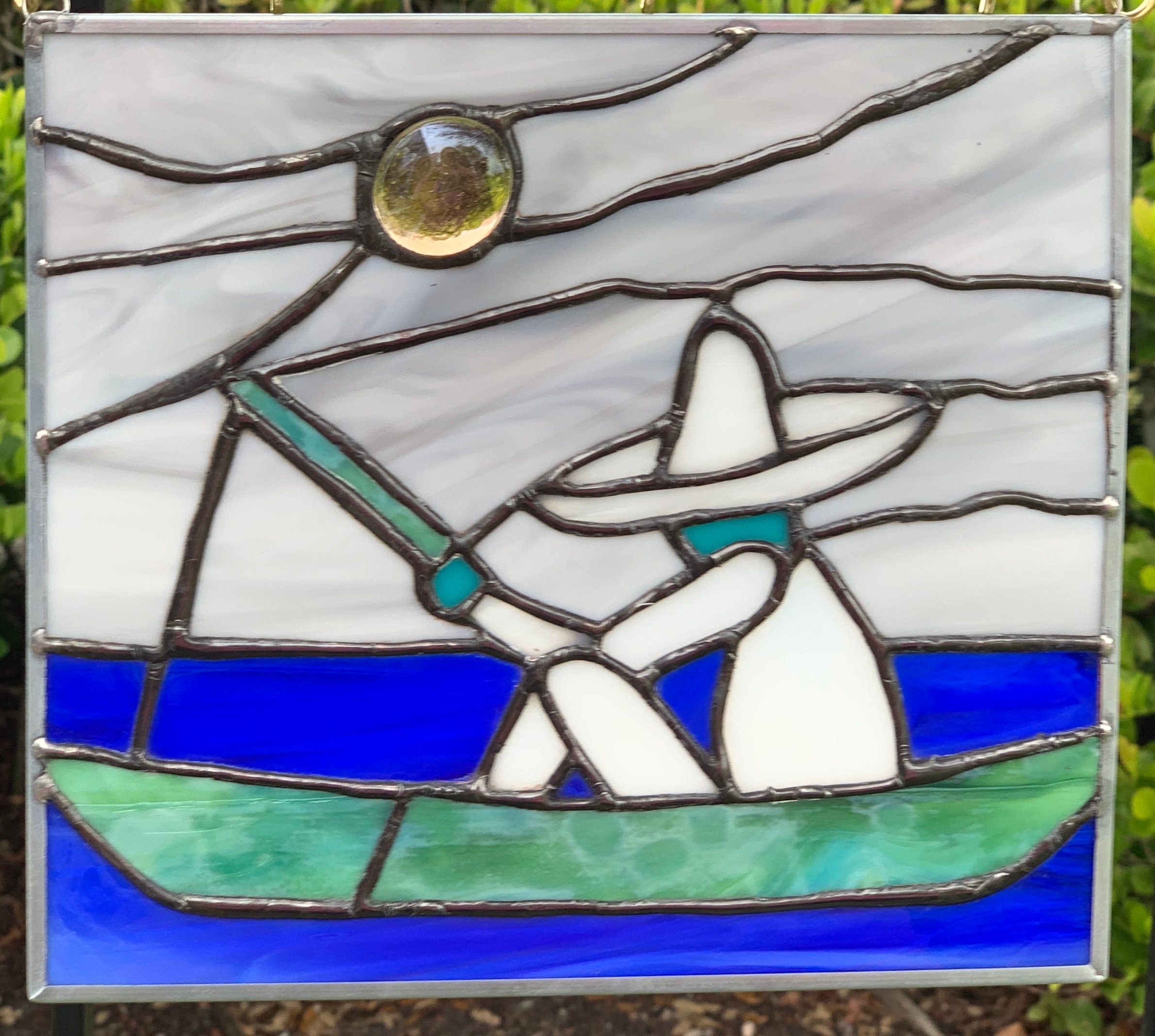 Gone Fishing Stained Glass Panel Moonlight Fishing Etsy
